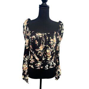 FREE PEOPLE HILARY Floral Print Square Neck Long Sleeve Crop Top Tie Back